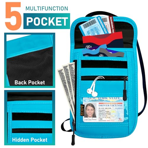 Image of RFID Blocking Travel Neck Wallet Pouch with RFID Blocking Sleeves, Travel Neck Pouch Passport Holder Keep Your Cash, Credit Card for Women & Men - LightBlue