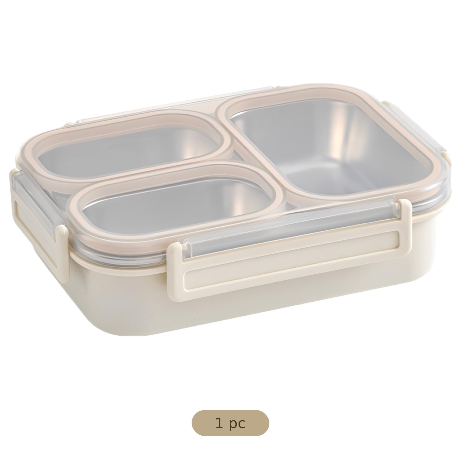 Lunchbox aus 201 Edelstahl in Beige, 3-Fach, auslaufsicherer Food-Container mit PP-Schale und Schnappverschlussdeckel, geeignet für Arbeit, Büro, Meal Prep und unterwegs, ideal für den Alltag