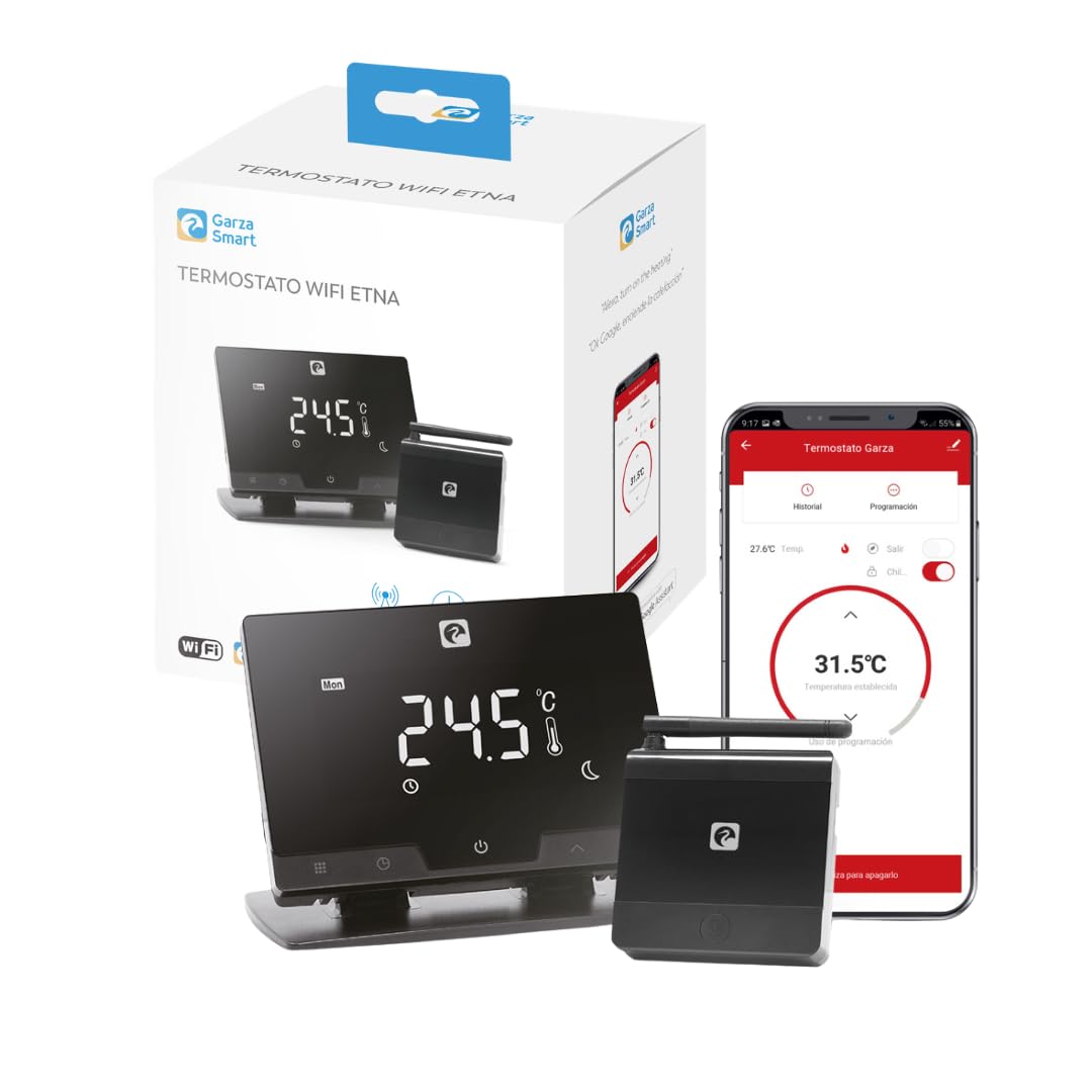 Garza - Termostato de 2 Hilos Wi-​Fi Inteligente para Caldera y Calefacción, con Adaptador, Medidor Consumo, Control táctil, Detección Ventanas Abiertas, Control App y Voz, Alexa/​Google