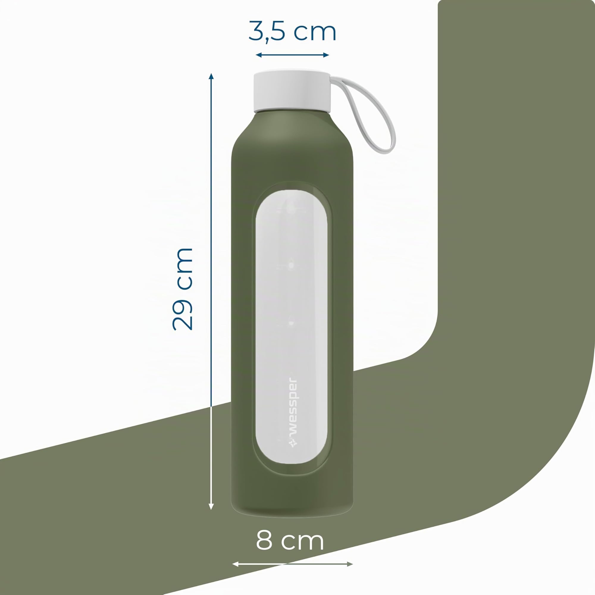 Wessper Botella de Agua Cristal, Botella 1 Litro Motivadora con Escala de Hidratación, Botellas de Vidrio Borosilicato con Funda de Silicona, Material Seguro sin BPA – Oliva