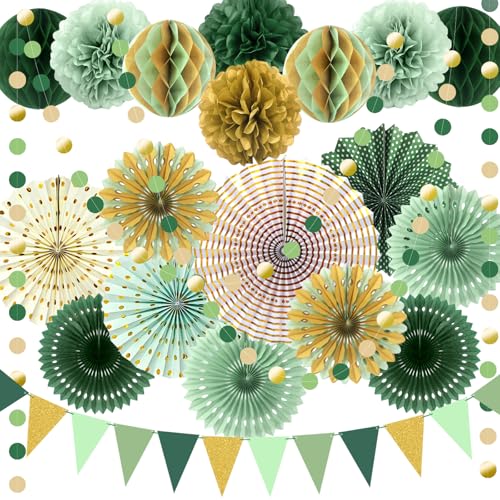 ADLKGG Sage Green Gold Party Decorations, Paper Fans Honeycomb Balls Circle Garlands for Green Theme Birthday Neutral Baby Shower Wedding Graduation Party Decoration Forest Party Supplies