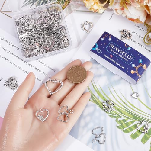 SUNNYCLUE 1 Box 90Pcs 15 Styles Valentines Day Heart Charms Bulk Love Charms Heart Charm Hearts Shape Charm Tibetan Style Alloy Love Sweet for jewellery Making DIY Craft Wedding Gift - Image 3