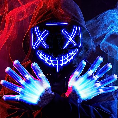 Image of JOYIN Halloween Led Mask, Light Up Mask and Gloves for Cosplay Costume (Blue), 3 Modes Scary Glow in The Dark Masks for Boys Girls Halloween Party Dress Up Accessories, Gifts Giving
