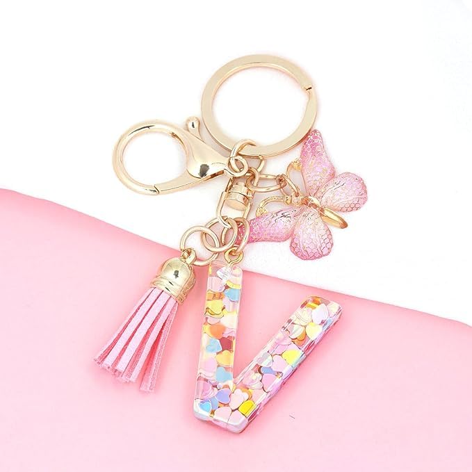 Image of GEOCARTER Lightweight Fashion Initial Letter Key Ring with Butterfly Pendant & Tassel, Stylish Purse Charm for Handbags, Car Keys, Gifts for Girls & Women
