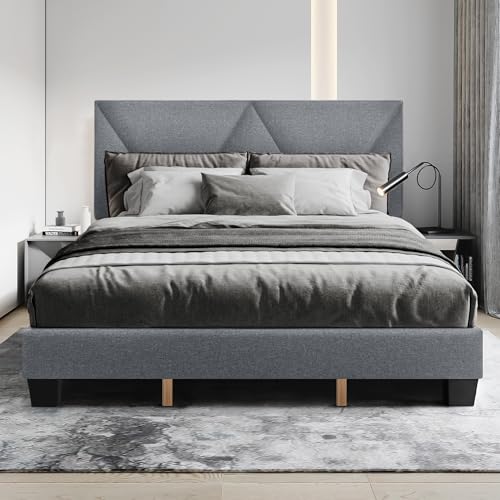 King Size Bed Frame, Wood Platform Bed Frame King with Fully Fabric Upholstered Headboard/Mattress Foundation/Strong Wooden 10-Slats Support, Noise Free, No Box Spring Needed, Easy Assembly