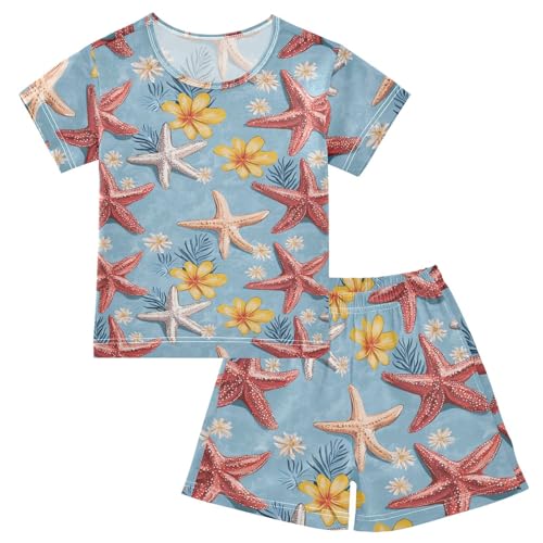 ALAZA Starfishes Flowers Pajama Set Short Sleeve Sleepwear Soft Lounge Nightwear