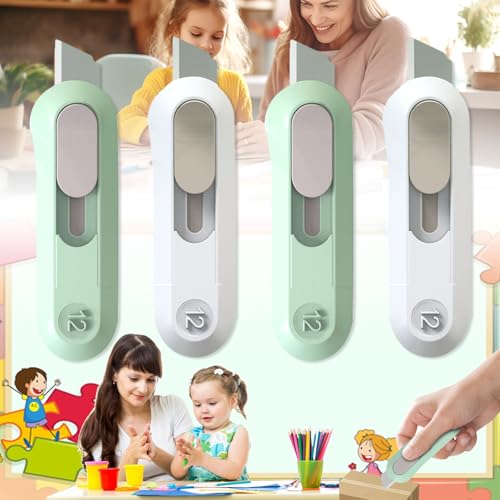 Srup 4 Piezas Cortador para Abrir Cajas de Embalaje, Mini Cuchillo de Caja, Retráctil Portátil Cuchillo de Papelería, Pequeños cuchillos de utilidadm, Cuchillos de arte telescópicos (Blanco, verde)