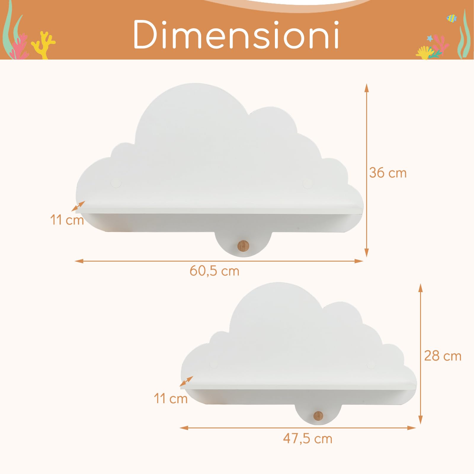 COSTWAY Set di 2 Mensole da Muro per Bambini, Libreria a Nuvole in Legno Massello con Ganci, Bianco