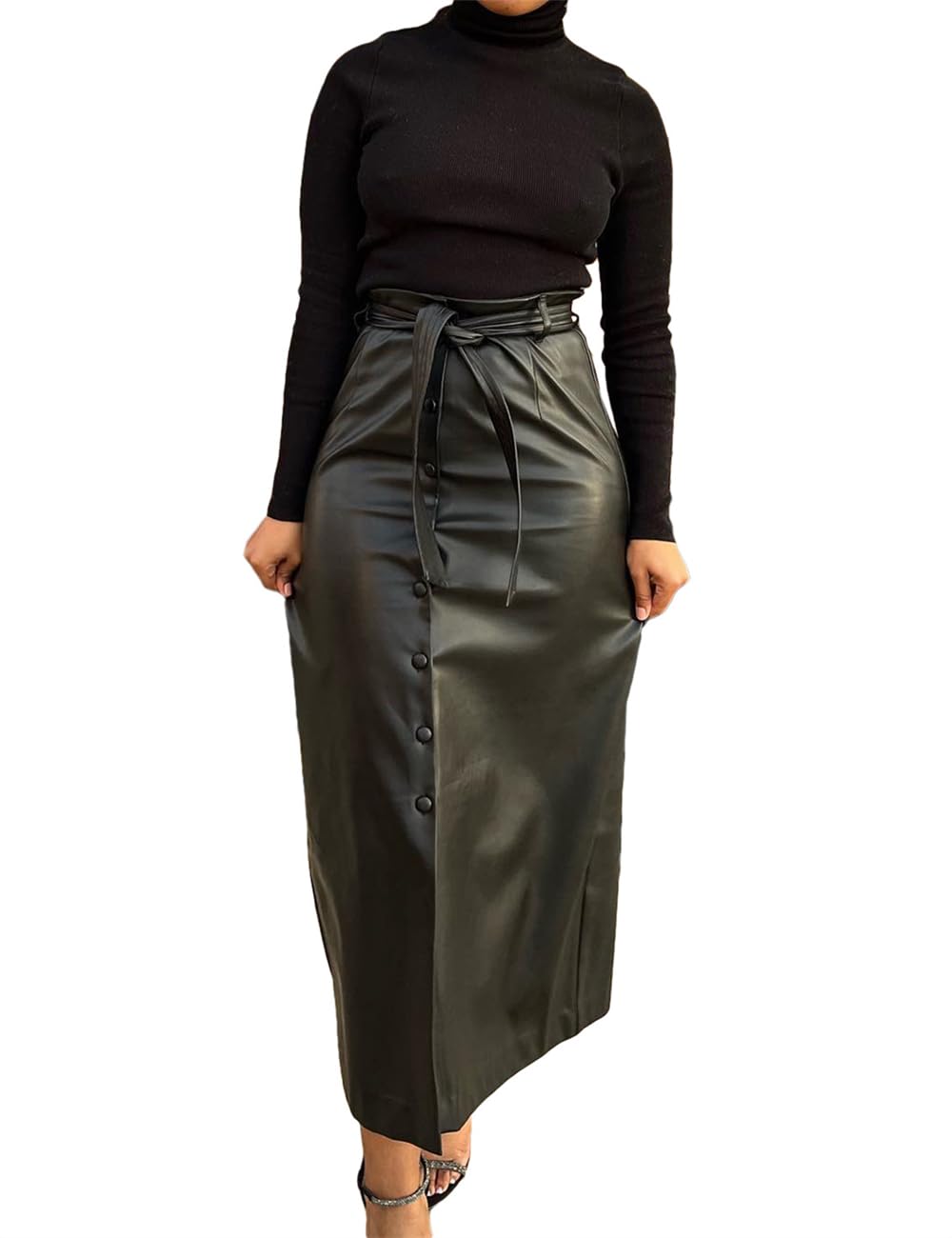 Shiyinvie Women Button Down Front Slit Faux PU Leather Maxi Long Skirt with Belt