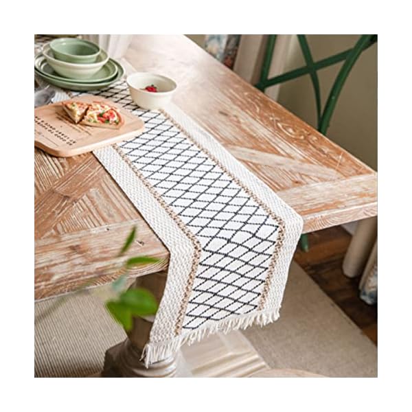 Table Runner, Boho Table Runner Cotton Linen Table Decorations, Farmhouse Table Runners with Tassels for Bohemian Wedding Bridal Shower Rustic Home Dining Table (Black/Grid/A, 12x72)