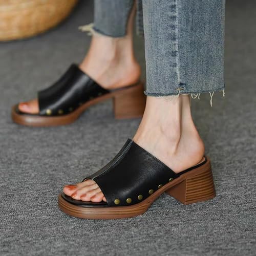 Women's Retro Platform Wedge Sandals,Comfort Buckless Slip On Square Open Toe High Heels Rivets Casual Block Heel Sandal3
