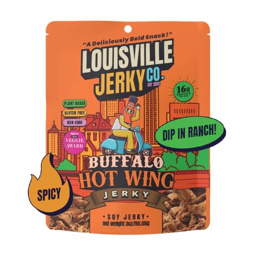 Louisville Vegan Jerky - Buffalo Hot Wing Vegan and Vegetarian Meat - Lip-Smacking Jerky - Gluten-Free High Protein Vegan Snacks 18 grams of Non-GMO Soy Protein, 280 Calories Per Bag