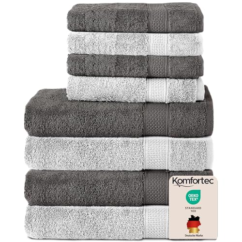 Komfortec 8er Handtuch Set aus 100% Baumwolle, 4 Badetücher 70x140 und 4 Handtücher 50x100 cm, Frottee, Weich, Towel, Groß, Anthrazit/Weiß