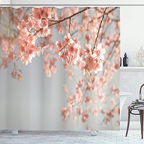 Ambesonne Peach Shower Curtain, Japanese Scenery Sakura Tree Cherry Blossom Nature Photography Coming of Spring, Cloth Fabric Bathroom Decor Set with Hooks, 69 Ambesonne Peach Shower Curtain, Japanese Scenery Sakura Tree Cherry Blossom Nature Photography Coming of Spring, Cloth Fabric Bathroom Decor Set with Hooks, 69