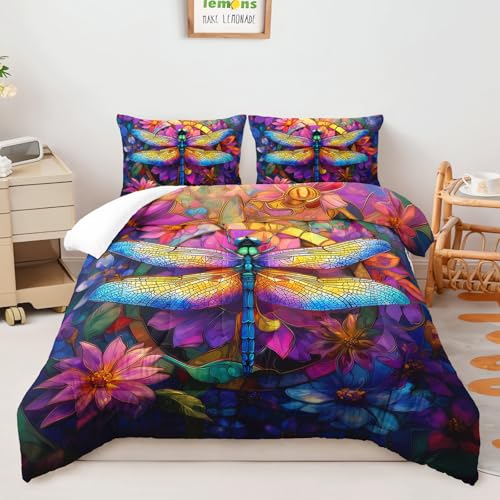 Image of AILONEN Dragonfly Comforter Set Full Size for Girls Women,Bohemian Flower Bedding Set 3Pcs for Bedroom Decor,Stained Glass Artistic Quilt with 2 Pillowcases