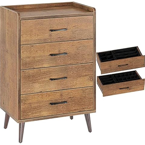 Rolanstar Drawer Dresser-Tool Free Quick Install, 4 Drawers Storage Dresser with Foldable Drawer Dividers, Mid Century Chest of Drawer,Brown(Tool Free Except Drawer Handle and Foot Cover