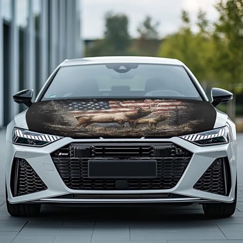 Image of Elk USA Flag Car Hood Cover Polyester Elastic Fabrics Can be Washed Suitable for Large SUV and Pickup Trucks
