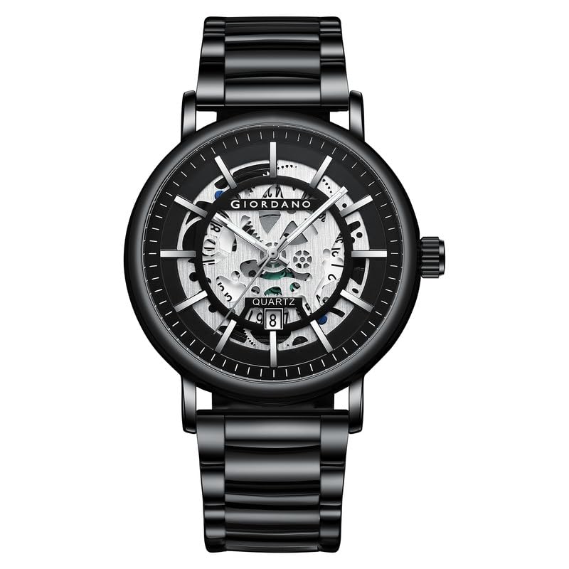 Image of Giordano Analog Quartz Watch for Men with Skeleton Round Dial, Date Function, Luminous Hands and Markers, Leather & Stainless Steel Strap - GZ-50182