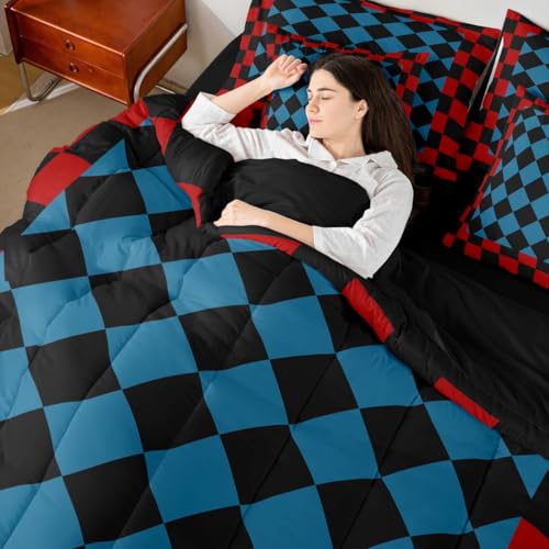Image of Feelyou Checkered Retro Twin Comforter Set with Sheets for Kids Boys Girls Red Blue Black Plaid 7 Pieces Bedding Set Geometric Vintage Bed in a Bag Modern Simple Groovy Aesthetic Room Decor Soft