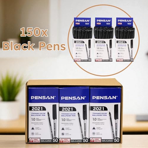 Image of PENSAN Black Ballpoint Pens,1.0 mm Medium Point, Black Pens, Ergonomic Triangle Grip, Smooth Writing, 150-Count Pack of Bulk Pens