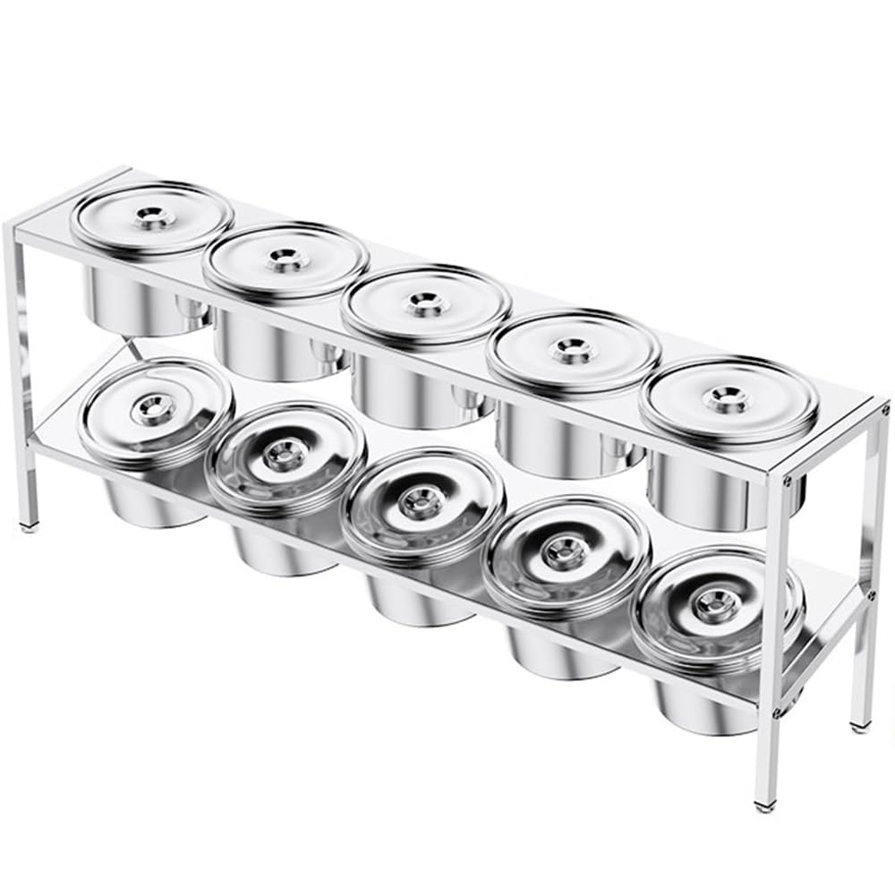 WDSOPK 10 Pans Stainless Steel Round Standing Spice Rack Depth 4IN,2 Row Multiple Retractable Compartments Organizer Holder With Cover,Countertop Storage Seasoning (A/35.8x7.3x13.8in)