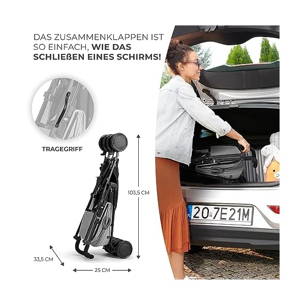 Kinderkraft Kinderwagen SIESTA, Leichte Reise Buggy, Verstellbare Rückenlehne, Liegeposition, Kleine Maße nach Zusammenklappen, Vergrößerbares Verdeck, Für ältere Kinder, bis 22 kg, Grau