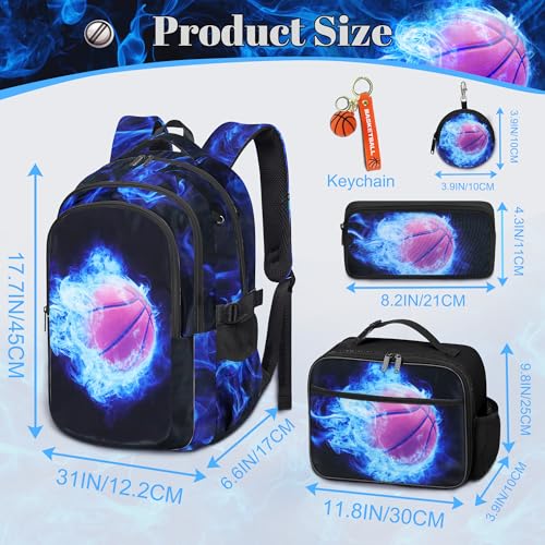 Boys Basketball Backpack with Lunch Box, Kids Backpack Set for School, 17inch Bookbag with Pencil Case Coin Purse Blue2