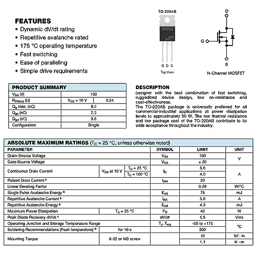 Image of IRF510 MOSFET Transistor 5.6A 100V IRF510PBF N-Channel Power 5.6 Amp 100 Volt (Pack of 10pcs)