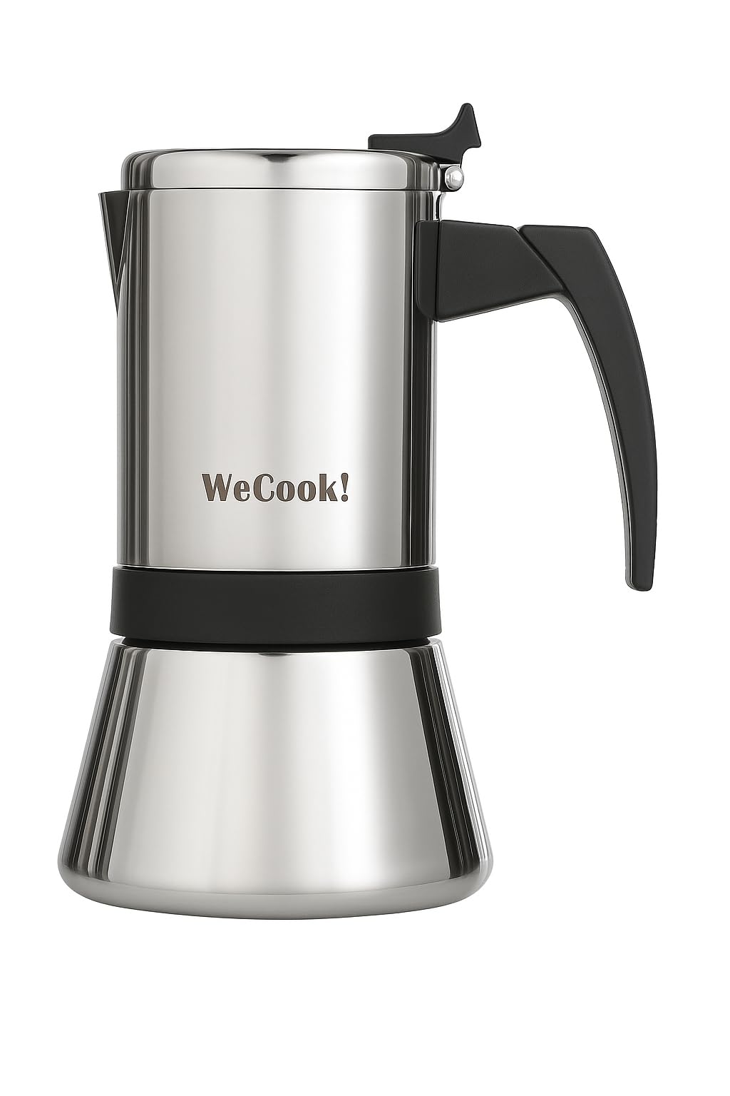 WECOOK! Cafetera Italiana Inox 18/10 Inducción, Plateado-Black, 9 tazas | Acero inox 18/10, compatible gas, vitrocerámica y eléctrica, mango baquelita Soft-Touch, válvula níquel, cuchara medidora