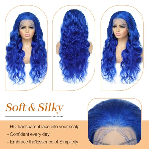 Blue Lace Front Wig Human Hair Pre Plucked Blue Body Wave 200 Density 13X4 HD Lace Front Wigs Human Hair Blue Wig Human Hair Color Lace Frontal Wigs for Women 24 Inch