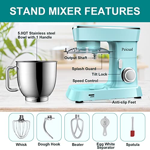 Upgraded Household Stand Mixer for Peicual 380W 10+P Speed High-Performance Tilt-Head Electric Kitchen Mixer 5.5Qt Stainless Steel Bowl with Dough Hook Flat Beater Wire Whisk & Splash Guard-Blue - Image 6