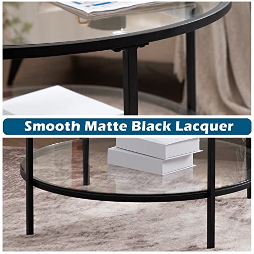 Image of VINGLI Glass Coffee Table,30 inch Round Coffee Table Black Coffee Tables for Living Room, 2-Tier Clear Glass Top Side Table with Storage. Simple & Modern Center Table Mesa de Centro para Sala