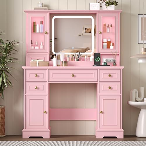 Image of Makeup Vanity Desk with Mirror and Lights, Farmhouse Vanity Table Set with 6 Drawer&Charging Station, Makeup Table with RGB Cabinets, Pink Vanity with Lighted Mirror for Girls Women, 3 Light Modes