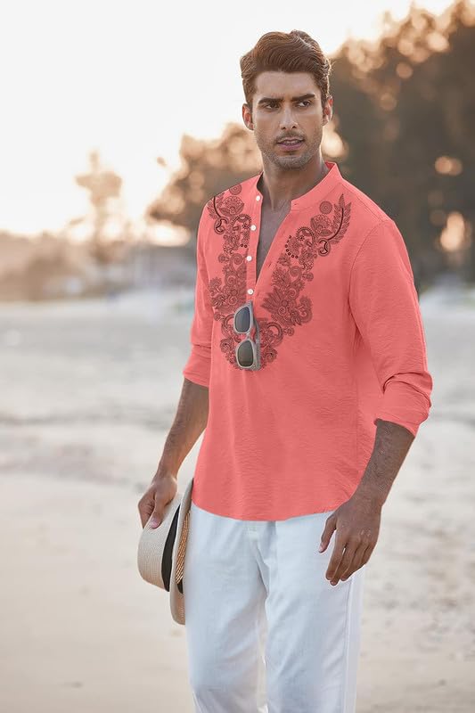 Image of FINIVO FASHION Men's Cotton Blend Short Kurta with Full Sleeves and Ethnic Neck Design | Casual Crinkle Texture Kurta with Mandarin Collar