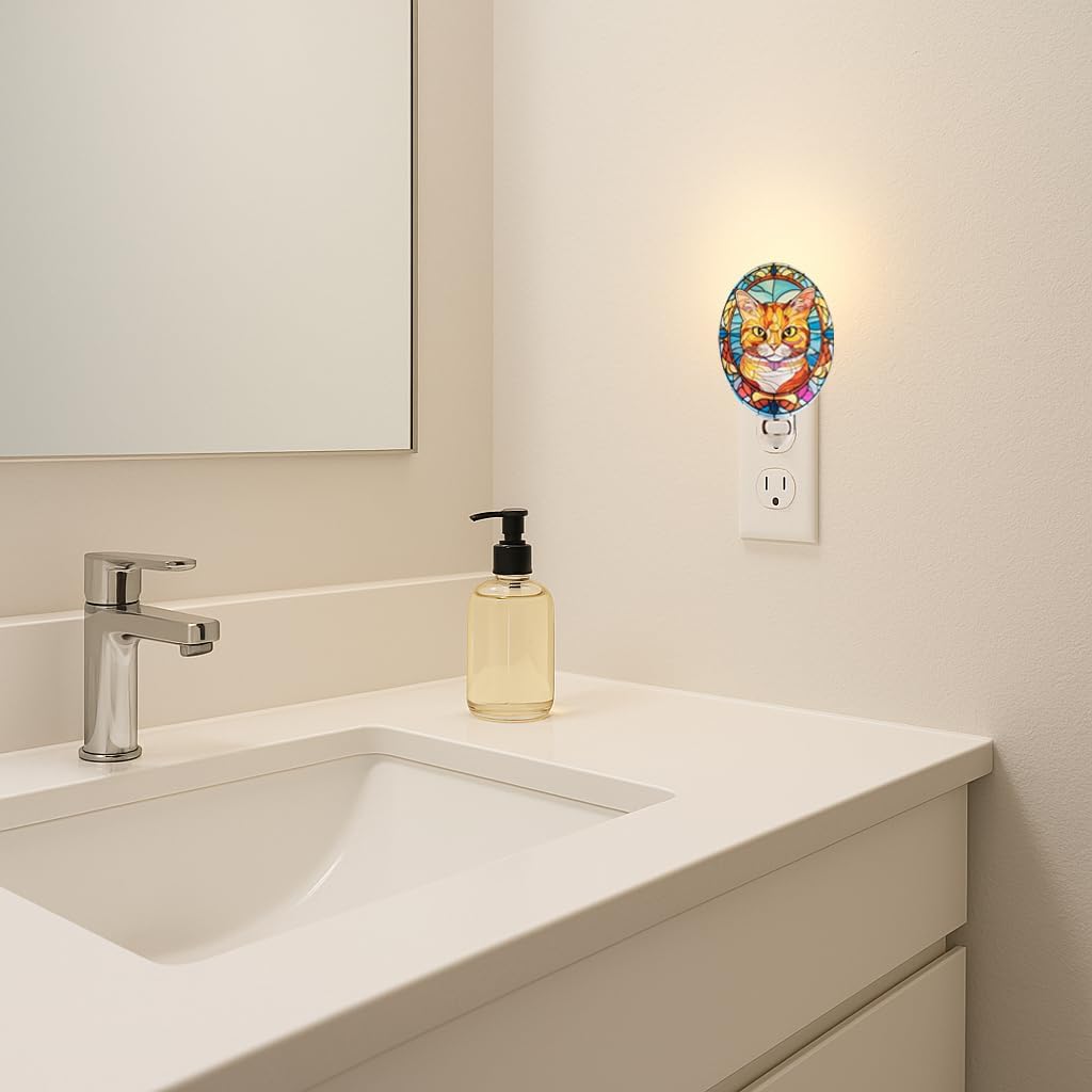 Orange Cat Stained Glass Styled Cat Night Light, Real Glass Plug-in Night Light with Vertical Outlet and On/Off Switch for Bedroom, Bathroom, Hallway, Home Decor