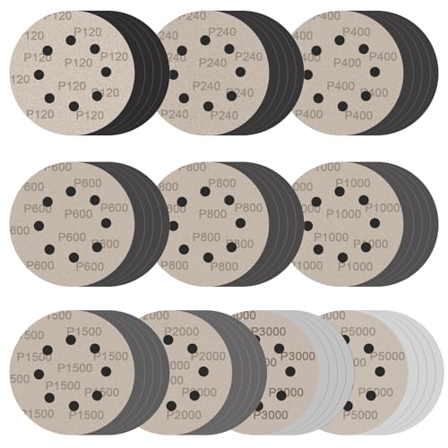 BODHTAT ディスクペーパー 50枚 125mm 8穴 丸型 サンダーペーパー マジック式 耐水 サンドペーパー（120#/240#/400#/600#/800#/1000#/1500#/2000#/3000#/5000#/各5枚）電動サンダー用 サンディングパット 木工DIY作業に 金属磨き用 車の研磨 ランダムアクションサンダー用 サンディング