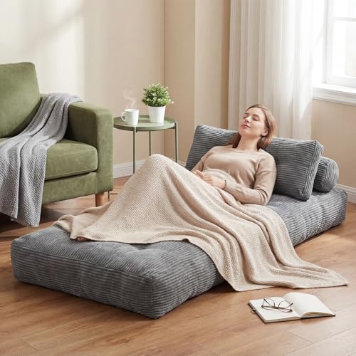 33 Oversized Corduroy Floor Sofa Bed Convertible Folding Sleeper Chair with Pillows Portable Lounge Couch for Living Room & Bedroom Grey