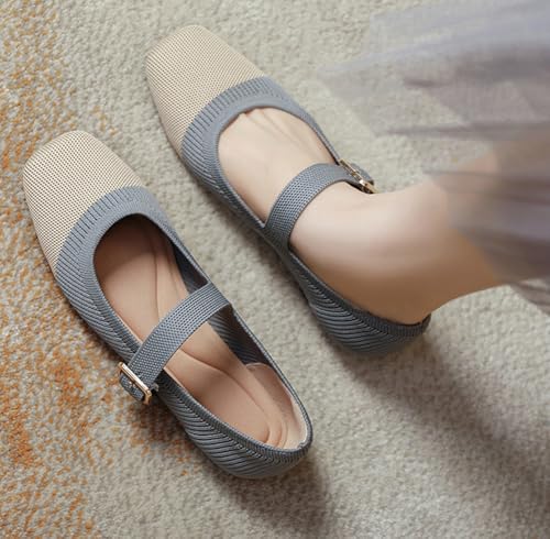 Knit Flats for Women Mary Jane Ballet Flats Casual Square Toe Flat Shoes Comfort Dressy Flats Shoes with Ankle Strap 20252