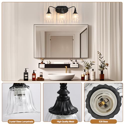 Image of LmnLvn 3-Light Bathroom Vanity Light, Matte Black with Crystal Glass Shade