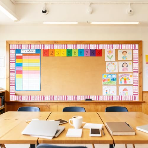 Image of Whaline 32.8ft Classroom Bulletin Board Borders Gradient Pink Color Stripe Polka Dot Die-Cut Rolled Border Trim for Teacher Chalkboard Wall Decoration