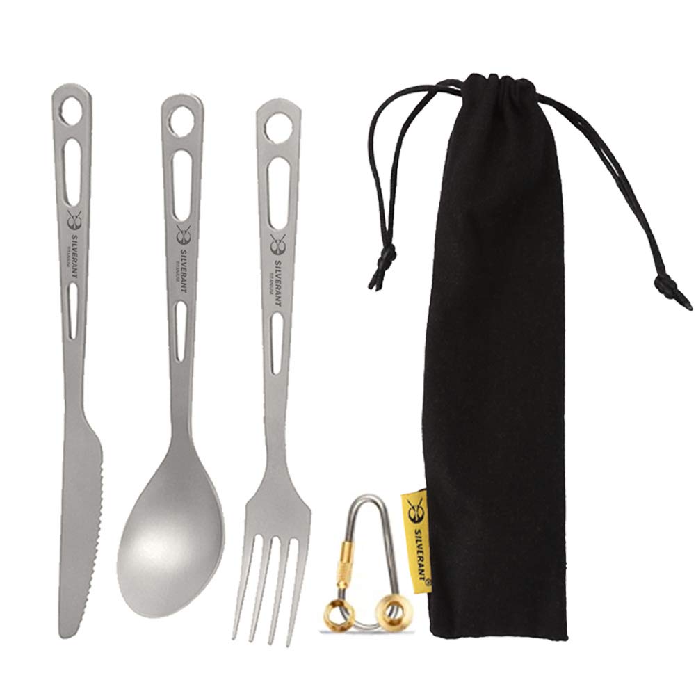 SILVERANTTitanium 3 Piece Cutlery Set, Extra Strong Ultra-Lightweight Durable Knife Fork & Spoon Tableware for Outdoor Camping & Hiking, Comes with Drawstring Bag & Titanium Carabiner