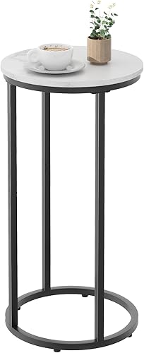 Mesa auxiliar en forma de C, mesas auxiliares de sofá para sala de estar, mesa auxiliar redonda para sofá con marco de metal, mesa pequeña de madera