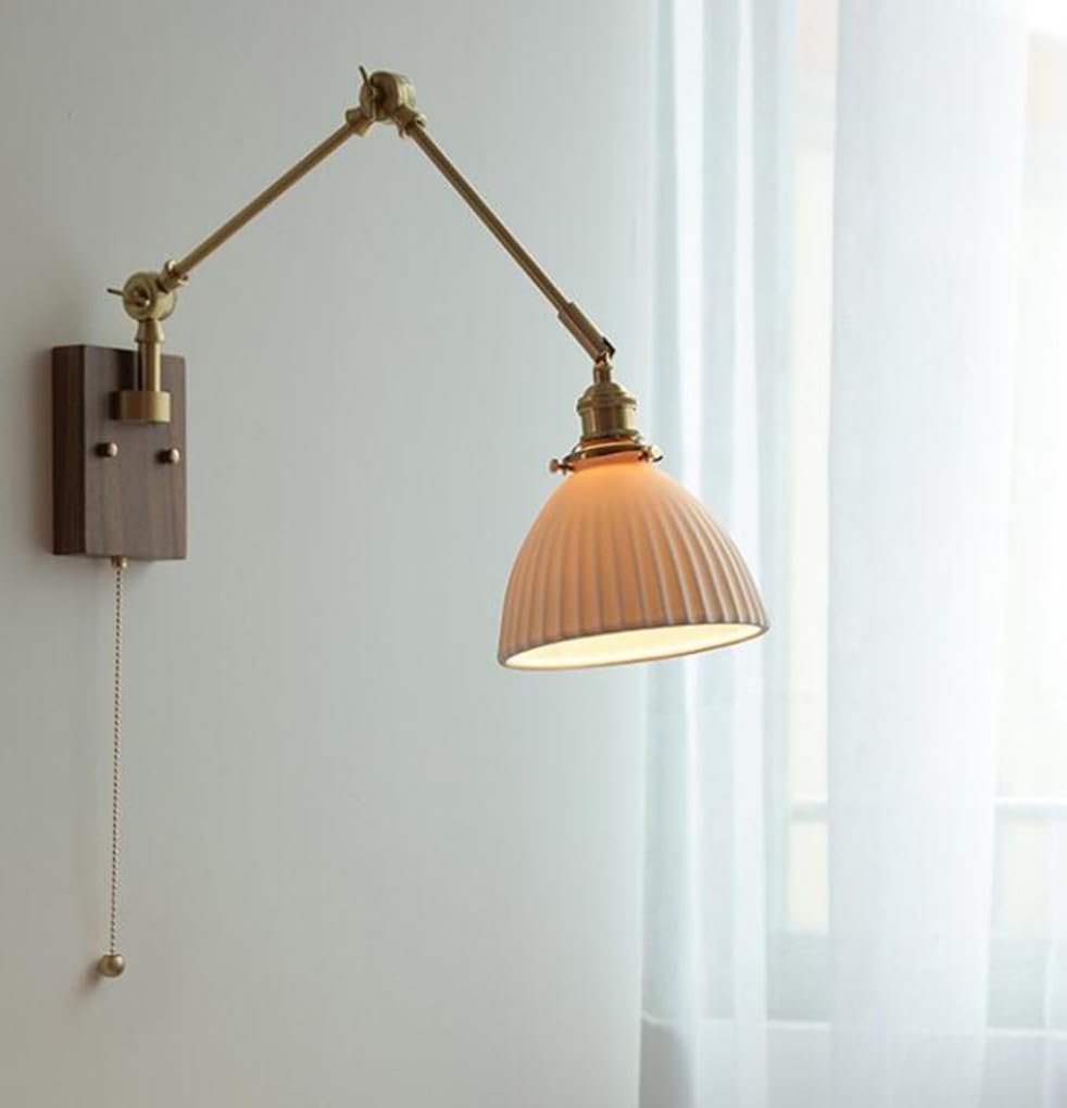 SXYSXYSXY Vintage Brazo giratorio Lámpara de pared madera latón Aplique de pared Con interruptor Interior Lámpara de cabecera Pantalla de cerámica dormitorio Lámpara de lectura salón E27