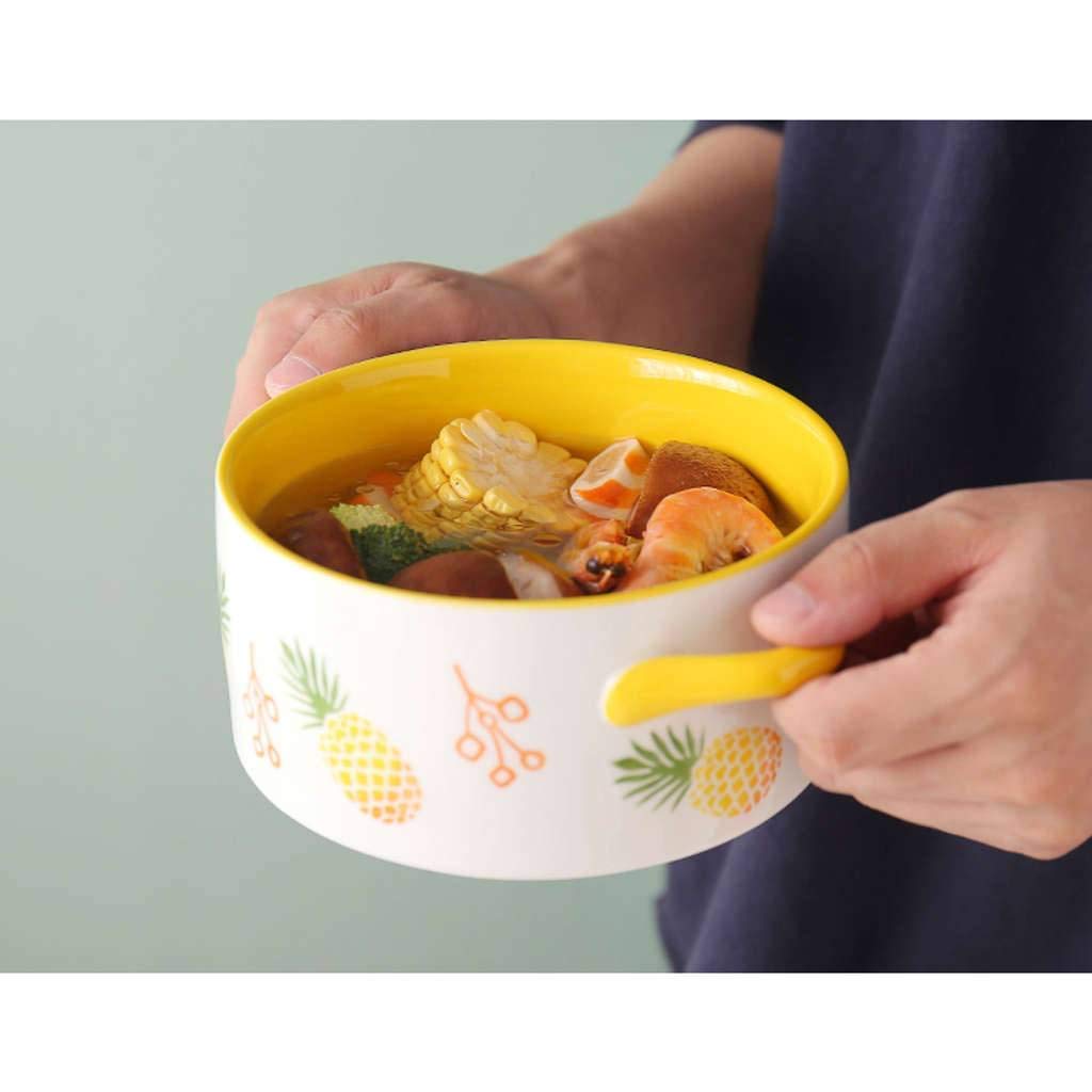 Suppenschüssel mit 2 Griffen, Suppentassen mit Griffen in China Porzellan Keramikofen Mikrowellengeeigneter mikrowellengeeigneter Geschirrspüler Küche Groß für Nudeln Obstsalat-Ananas-1000ML