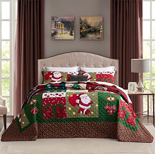 CHIXIN Christmas Oversized Bedspread King Size, Santa Claus Pattern Bedding Quilt, Rustic Lodge Plaid Patchwork Coverlet Set, Lightweight & Soft Microfiber, 3 Piece, King/Cal King
