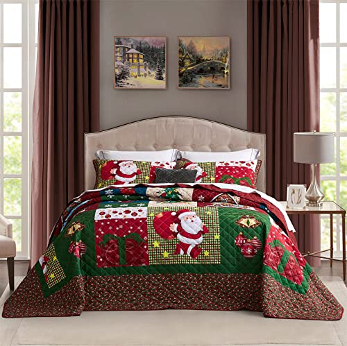Image of CHIXIN Christmas Oversized Bedspread King Size, Santa Claus Pattern Bedding Quilt, Rustic Lodge Plaid Patchwork Coverlet Set, Lightweight & Soft Microfiber, 3 Piece, King /Cal King