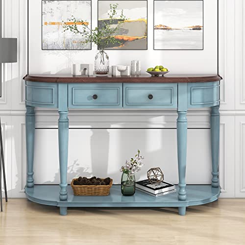 Polibi Retro Curved Console Table With Open Style Shelf And Two Top Drawers, Half Moon Entry Table With Solid Wooden Frame And Legs For Living Room, Entryway And Hallway, Antique Blue #TOP12