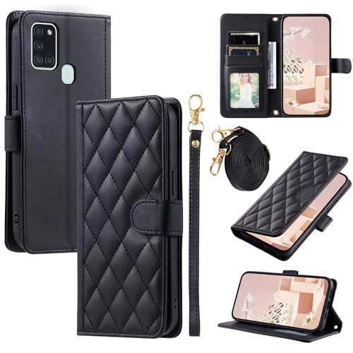 Furiet Wallet Case for Samsung Galaxy A21S with Detachable Wrist Strap, Shoulder Strap, Multiple Card Slots Folio Purse, Luxury PU Leather Stand Accessories Cell Phone Cover for A 21S Women Men Black