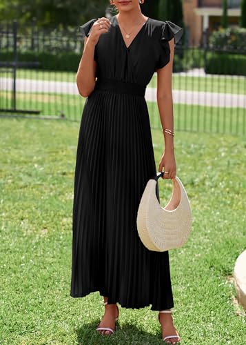KIRUNDO Women's Summer Maxi Dresses Elegant V Neck Ruffle Flutter Sleeves Empire Waist Pleated Flowy Wedding Guest Dress3