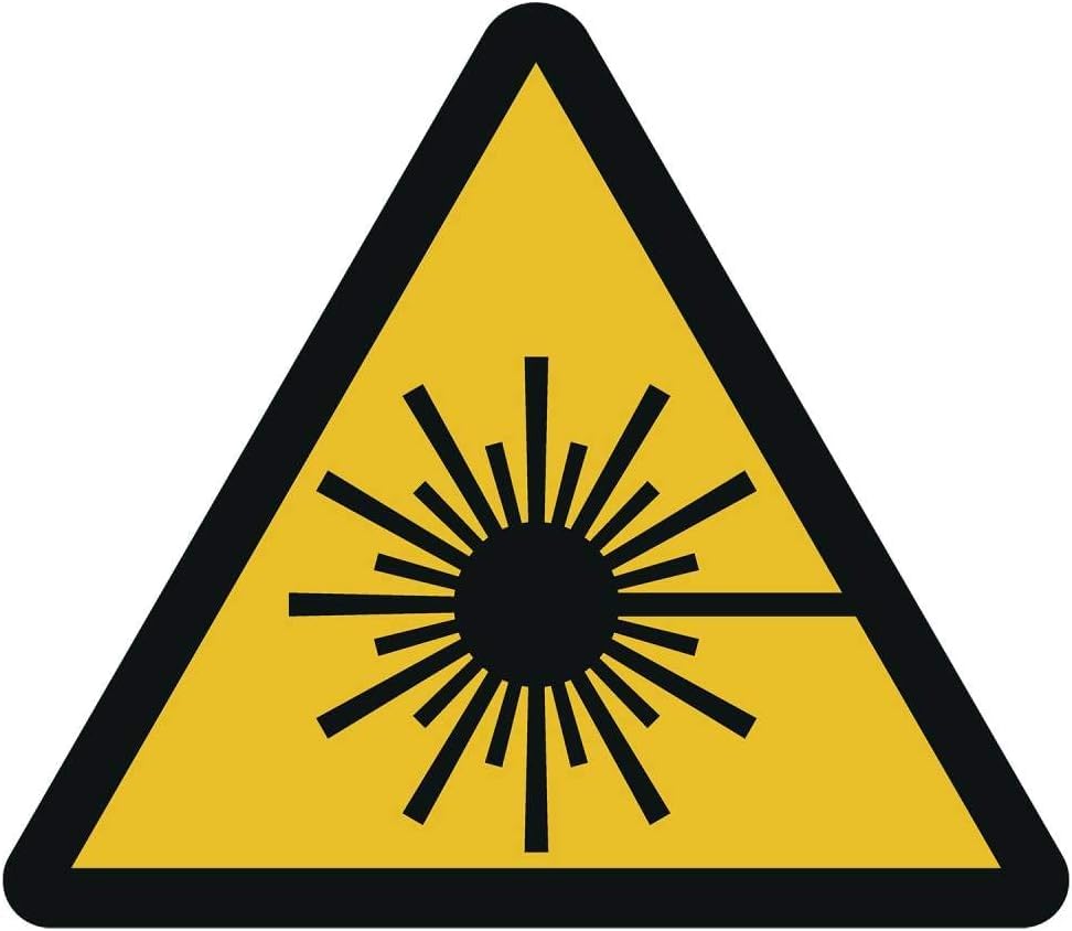 Warning of laser beam sticker, diameter 10 cm, according to ISO 7010, ASR A1.3 (weatherproof), Signal yellow, black